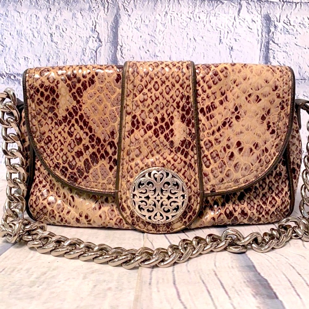Brighton Tan and Brown Snakeskin Shoulder Bag with Silver Chain